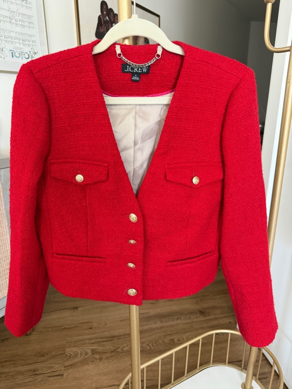 Vintage Style J.Crew Lady Jacket Red Tweed Gold Buttons Sz 8 Crop Chanel Vibes